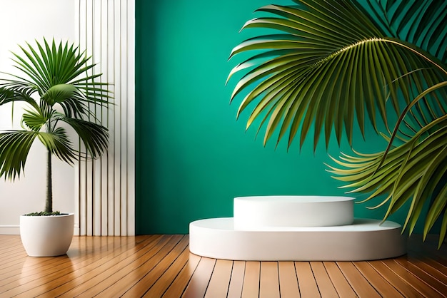 Podium de produit blanc 3D avec feuilles de palmier tropical vert et mur végétal
