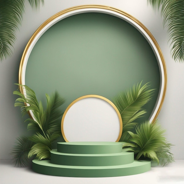 Podium de produit blanc vectoriel avec des feuilles de palmier tropical vert et un arc rond doré