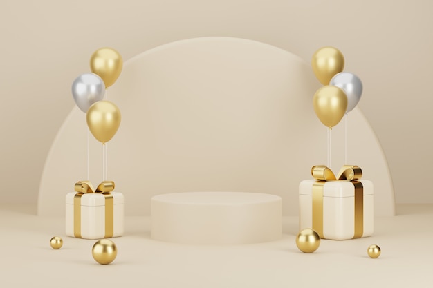 Podium de produit avec des cadeaux de nouvel an et des ballons background.3D illustration