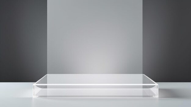 Podium de produit minimaliste abstrait en verre blanc La scène de présentation du produit Salle 3D avec plate-forme géométrique Piédestal de scène Maquette de podium générée par Ai pour une publicité de produit