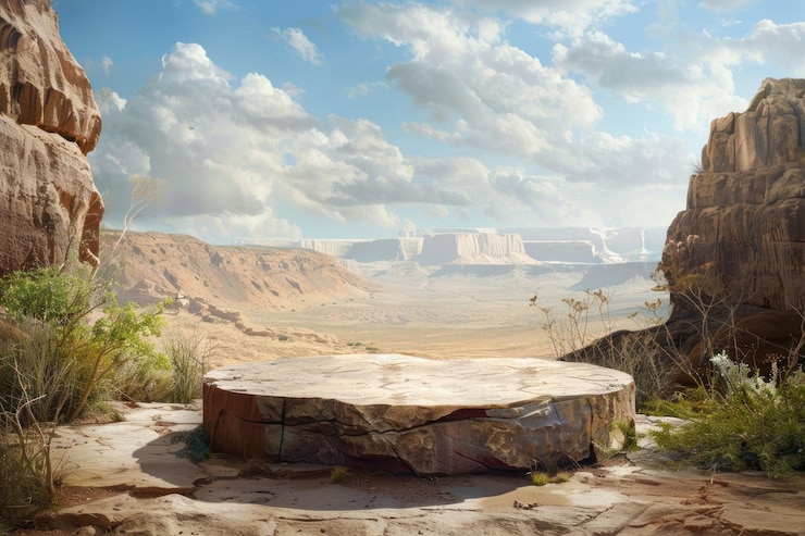 Photo podium de produit avec paysage de nature désertique montagne