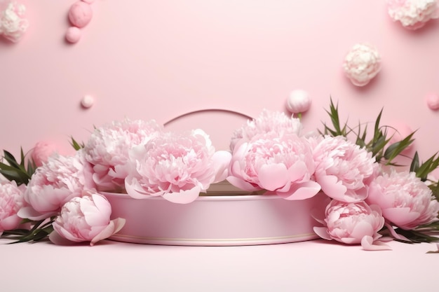 Podium de produit avec des pionnées roses dans des couleurs pastel de printemps pour la présentation du produit.