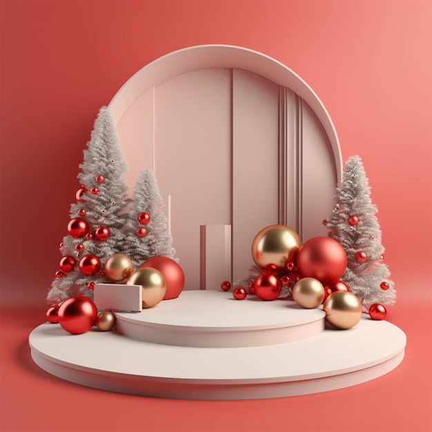 Podium de produit avec sapin de Noël et père Noël pour l'illustration 3d de la publicité