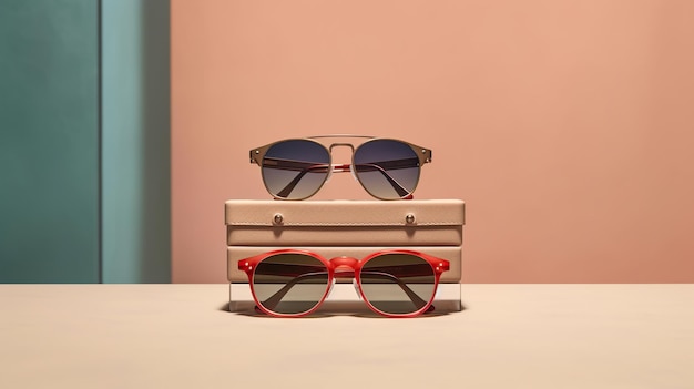 Podium de produits présentant une paire de lunettes de soleil élégantes avec des montures tendance et une protection UV. Generative AI