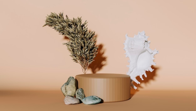 Podium de promotion de produits réaliste avec des plantes naturelles. rendu 3D