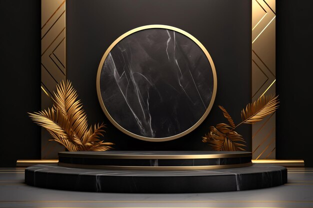 Podium réaliste en marbre noir et or 3D avec feuilles d'or IA générative