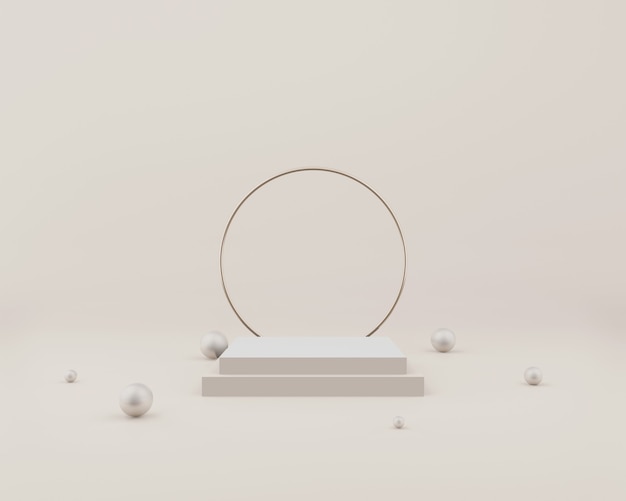 Podium rectangulaire vide sur gris avec des boules et des anneaux. Rendu 3D