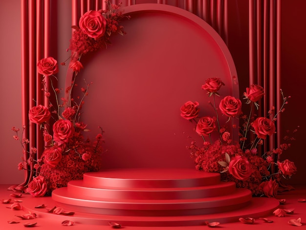 Podium de rendu 3D à affichage rouge romantique avec des roses pour la présentation des produits de la Saint-Valentin