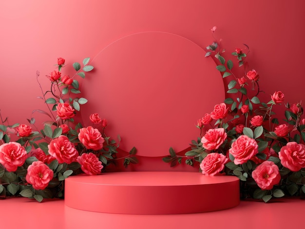 Podium de rendu 3D à affichage rouge romantique avec des roses pour la présentation des produits de la Saint-Valentin