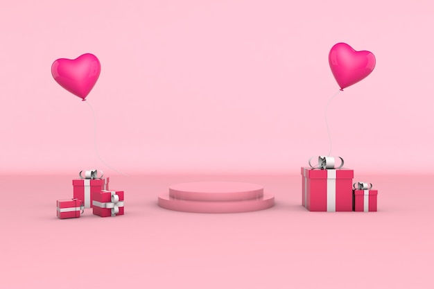 Photo podium de rendu 3d pour le placement de produit à la saint-valentin avec des décorations