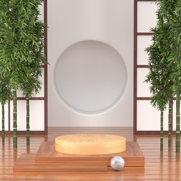 Podium de rendu 3D pour produit cosmétique, style de calture de tradition de podium en bois 3d japon.
