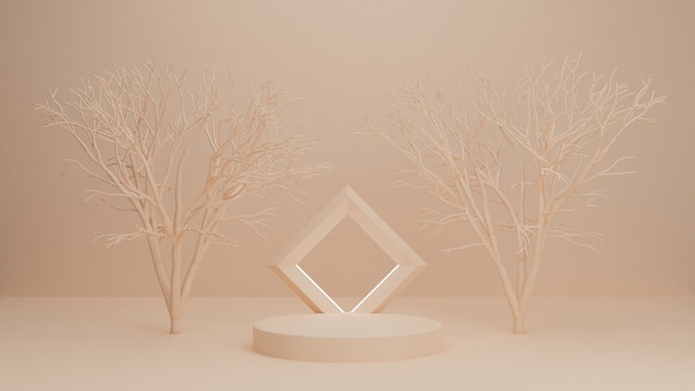 Podium de rendu 3D, stand, vitrine sur lumière pastel, fond abstrait avec des arbres pour produit premium