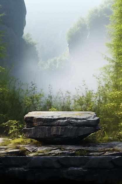 Podium de roche plat sur le brouillard et les montagnes arrière-plan arrière-fond naturel