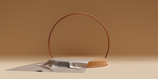 Podium rond 3d beige avec tissu de soie Maquette de vitrine de piédestal pour l'industrie de la beauté et des cosmétiques et la promotion des produits Rendu 3d réaliste de haute qualité