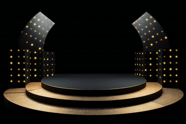 Podium rond abstrait illuminé avec la toile de fond de scène de concept de cérémonie de remise de prix de projecteur