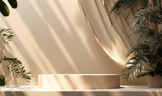 Podium rond beige vide moderne et luxueux avec rideau et feuilles dans une pièce beige avec fond clair d'ombre Scène élégante pour la photographie de produits