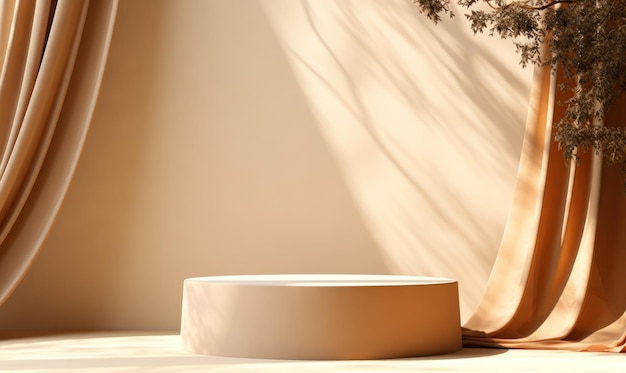 Podium rond beige vide moderne et luxueux avec rideau marron et feuilles d'automne dans une pièce beige avec fond clair d'ombre Scène élégante pour la photographie de produits