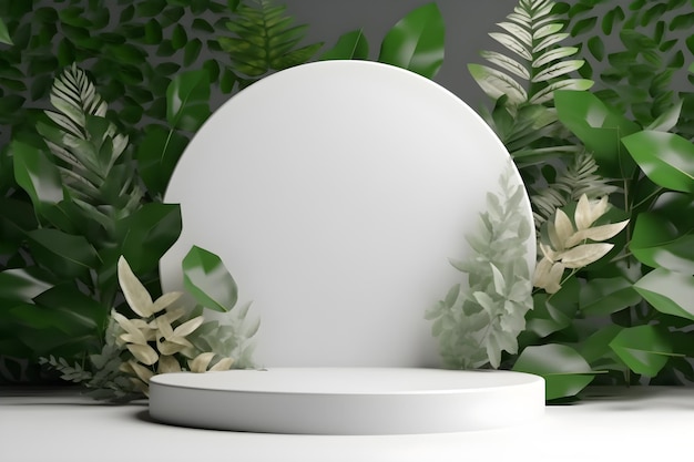 Un podium rond blanc avec un cercle blanc devant une plante verte.