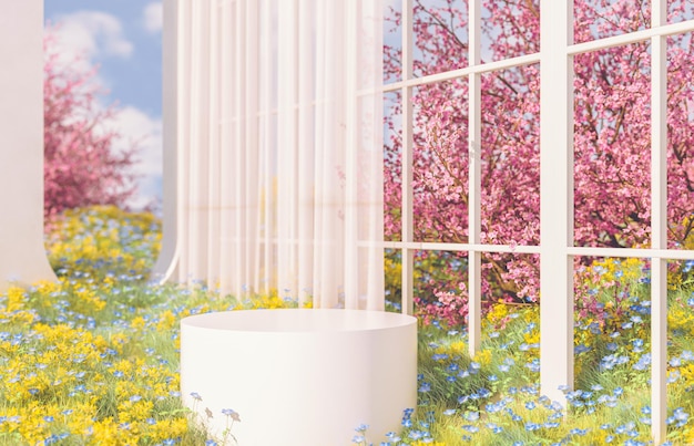 Podium rond blanc avec scène de paysage de fleurs de cerisier sakura au printemps