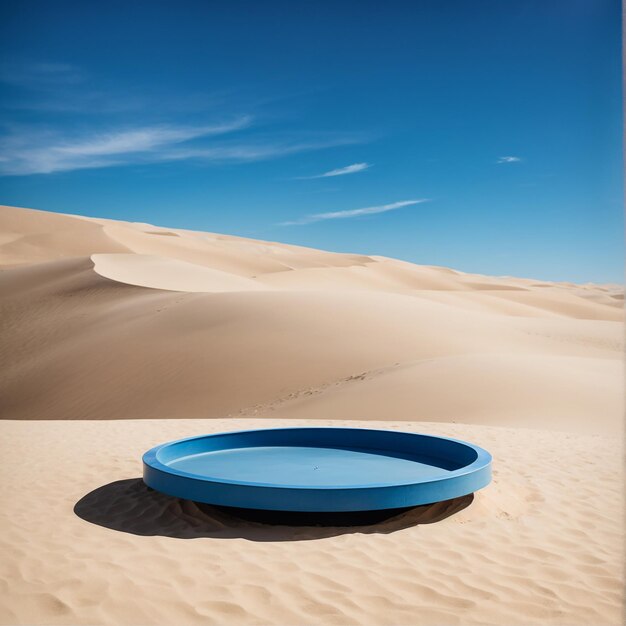 Podium rond bleu sur une dune de sable avec un ciel bleu en arrière-plan Photo de haute qualité