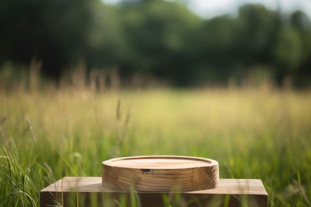 Podium rond en bois 3D pour produit avec IA générative de fond de nature