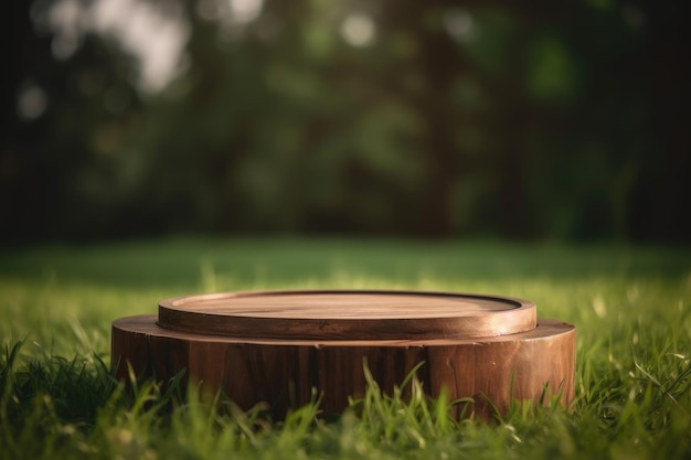 Podium rond en bois 3D pour produit avec IA générative de fond de nature