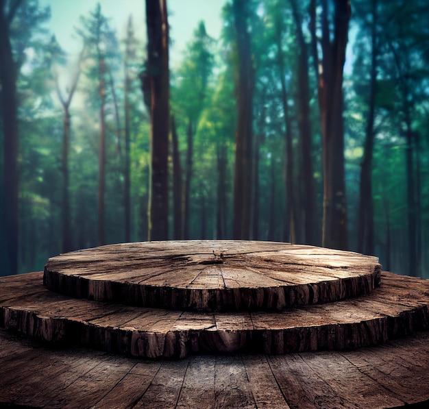 Podium rond en bois dans la forêt illustration 3d réaliste paysage rendu 3d du piédestal de produit vide dans l'environnement naturel arbres verts autour