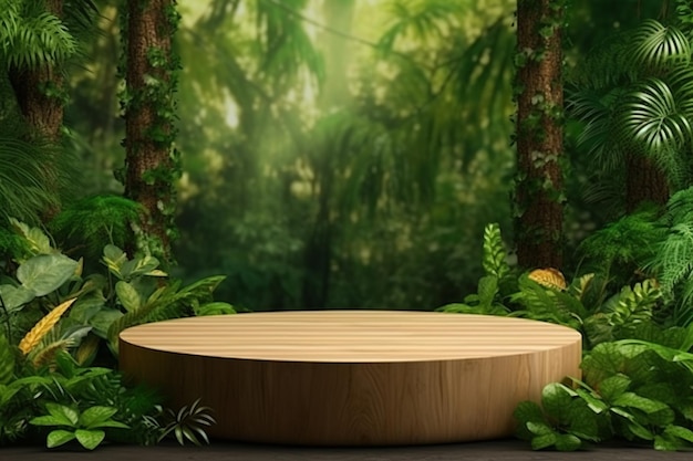 Un podium rond en bois devant un décor de jungle