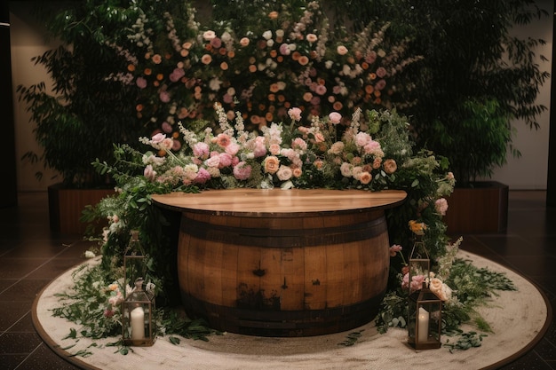 Un podium rond en bois entouré d'un arrangement floral luxuriant créé avec une IA générative