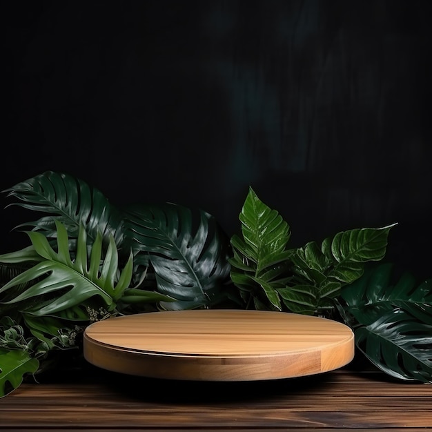 Podium rond en bois avec des feuilles tropicales sur un fond sombre