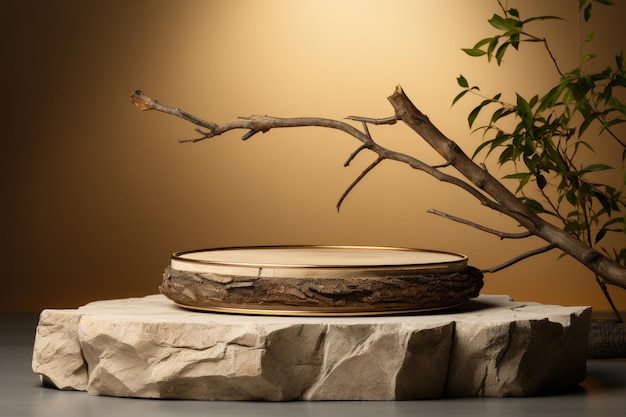 Podium rond en bois vide pour l'exposition de produits sur fond brun avec des branches d'arbres