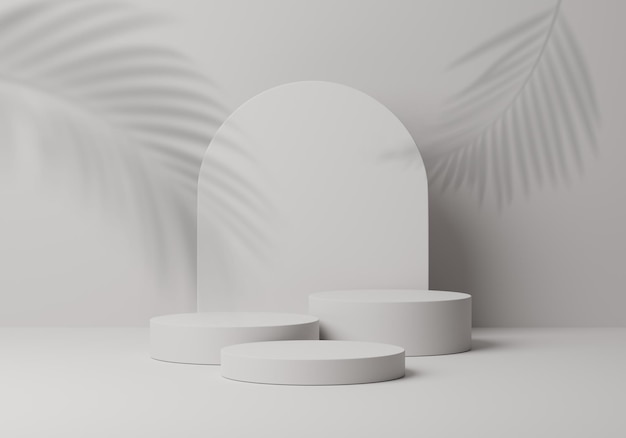 Podium rond cosmétique ou piédestal avec ombre de feuilles sur fond blanc Podium d'affichage de produit abstrait Studio de rendu 3d avec des formes géométriques Stand pour montrer l'arrière-plan des produits