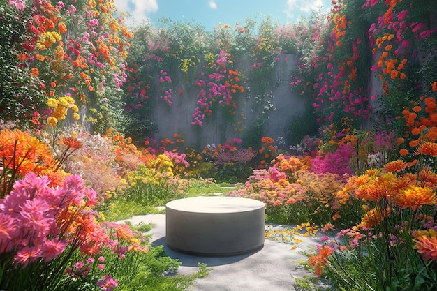 Podium rond dans le jardin avec des fleurs colorées