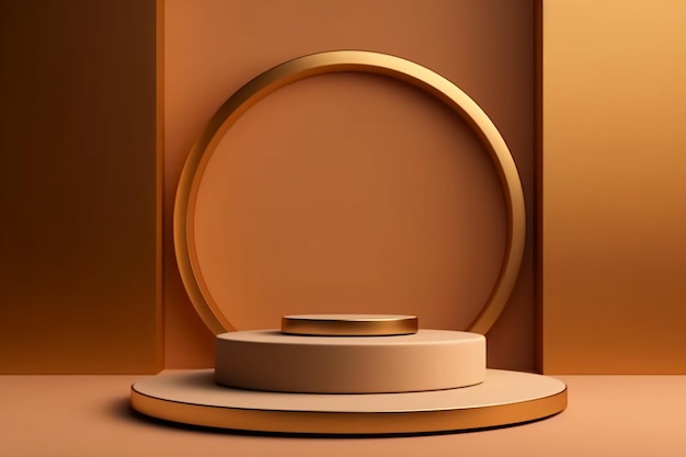 Un podium rond dans une pièce marron avec un cercle blanc sur le mur.