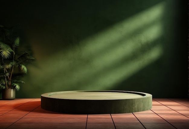 podium rond devant une image de lumière verte dans le style d'une installation de mise en scène minimaliste basée sur un jeu d'ombre et de lumière
