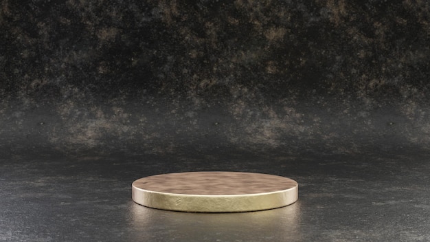 Podium rond doré isolé sur fond de métal noir. Concept de fond abstrait minimaliste rendu 3D pour le placement de produit. Design épuré, maquette d'espace vide.