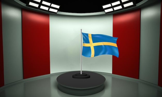 Un podium rond avec un drapeau suédois au centre.