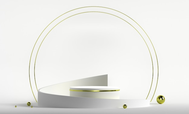 Podium rond avec des formes géométriques et des éléments en or. Socle vierge abstraite, plate-forme pour produit.