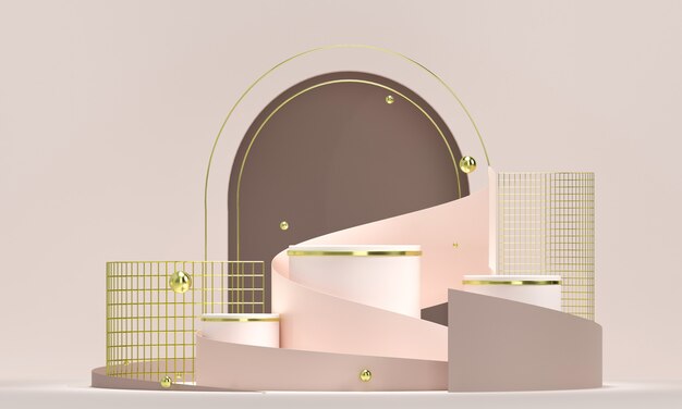 Podium rond avec des formes géométriques et des éléments en or. Socle vierge abstraite, plate-forme pour produit.