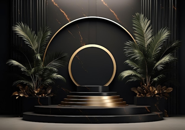 Podium rond de luxe noir et or et arrière-plan à rayures dorées verticales Forme 3D abstraite pour l'affichage de produits publicitaires Salle de studio de scène minimale AI générative