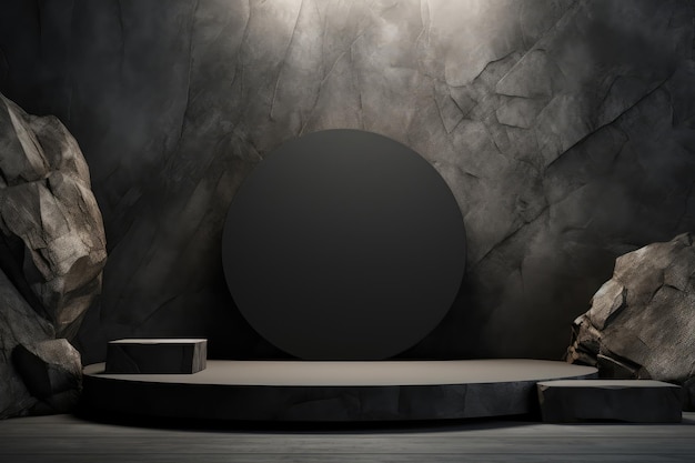 Podium rond en marbre noir sur un fond en pierre foncée