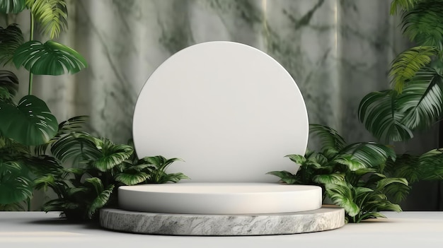 Podium rond minimal de couleur vive abstraite au printemps pour l'affichage de produits avec des plantes et des feuilles vertes sur un fond naturel