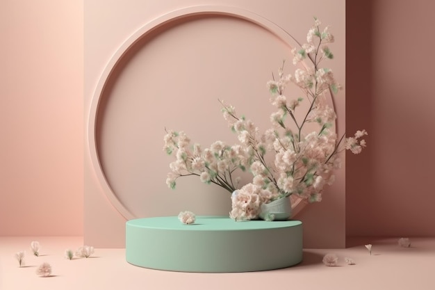 Podium rond minimaliste avec des fleurs épanouies au printemps créé avec une IA générative