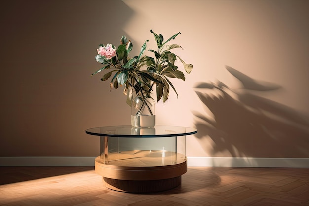 Un podium rond minimaliste avec une plante à fleurs et un verre d'eau créé avec une IA générative