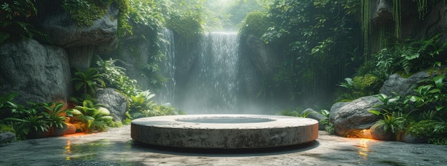 Le podium rond en pierre dans la jungle verte et luxuriante