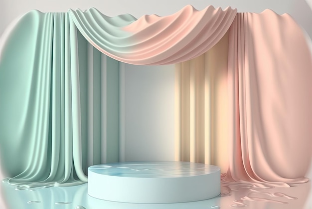 Un podium rond avec un rideau en toile de fond en arrière-plan IA générative