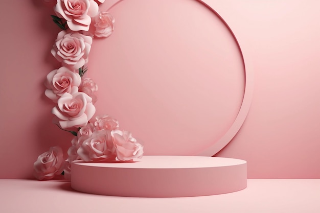 Un podium rond rose avec un cadre rond avec des roses dessus.