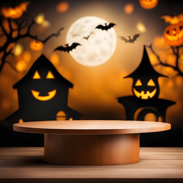 Podium rond sur table en bois avec fond flou d'Halloween généré par Ai