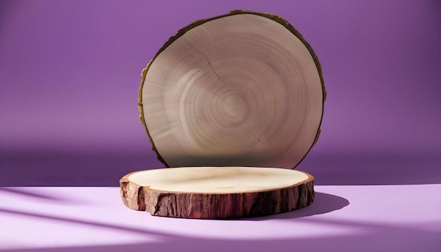 Podium rond en tranches de bois pour la présentation du produit avec des ombres naturelles et un fond pastel violet