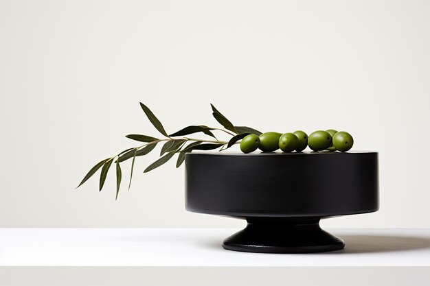 Photo podium rond vert prise de vue rapprochée studio de fond blanc avec olive noire